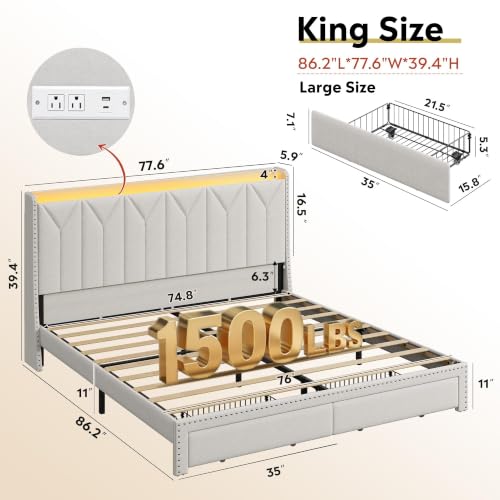 WLIVE King Size Upholstered Bed Frame with 2 Drawers, Storage Headboard Platform Bed with Charging Station and LED Light, Sturdy Metal & Wooden Slats Support, No Box Spring Needed - color: Beige