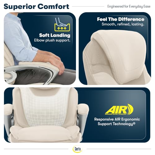 Serta Bryce Executive Office Chair - Ergonomic Computer DeskChair with Lumbar Technology - Adjustable Height - Memory Foam Body Pillows - 360° Swivel Rolling Base - Bonded Leather - Cream - color: Cream White