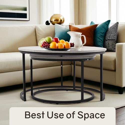 Otterease Nesting Tables Set of 2, Small Round Coffee Table for Living Room | Nesting Coffee Table with Adjustable Non-Slip Feet, Wood Grain Top Nesting Table for Living Room, Bedroom (Wood Grain Grey) - color: 31.5" Wood Grain Grey