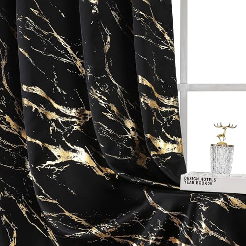 WUBODTI Gold Patterned Black 100% Blackout Curtains 96 Inches Long 2 Panels for Bedroom Living Room, Marble Printed Grommet Thermal Insulated Window Curtain Modern Abstract Drapes, 52" W x 96" L - color: Black and Gold, size: 52"W x 96"L (Pack of 2)