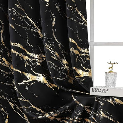 WUBODTI Gold Patterned Black 100% Blackout Curtains 96 Inches Long 2 Panels for Bedroom Living Room, Marble Printed Grommet Thermal Insulated Window Curtain Modern Abstract Drapes, 52" W x 96" L - color: Black and Gold, size: 52"W x 96"L (Pack of 2)