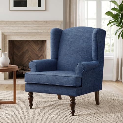 HUIMO Printed Wingback Accent Chair, Linen Upholstered High Back Armchair, Comfy Reading Chair for Living Room Bedroom Study, 300lbs Weight Capacity (1, Navy Blue) - color: Navy Blue