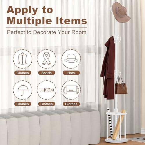 Coat Rack Freestanding, Coat Rack Stand with Umbrella Holder, Coat Tree, Coat Hanger Stand with 12 Hooks for Clothes Bag Hats, Used in Bedroom, Office, Living Room and Entryway-White - color: White