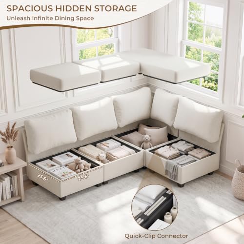 Breakfast Nook Bench with Storage, 4 Seats Modular Corner Banquette Seating | Dining Settee Couch, Hidden Storage, Modular L Shaped Upholstered Backrest, Fits Kitchen Dining Nooks, Beige - size: 4 Seats