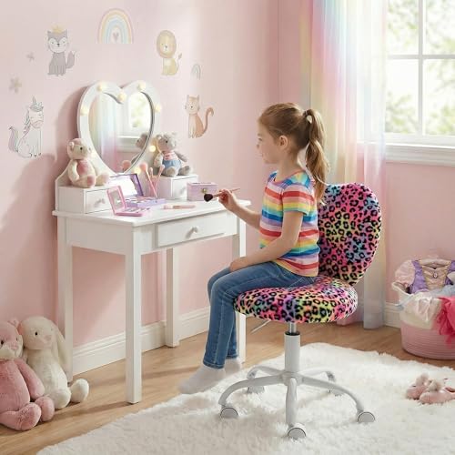 chairus Kids Desk Chair Faux Fur Small Study Chair for Teenage Girls, Adjustable Heart Shaped Kids Vanity Chair for Bedroom Reading Living Room, Cute Student Task Chair with White Foot, Leopard - color: Leopard