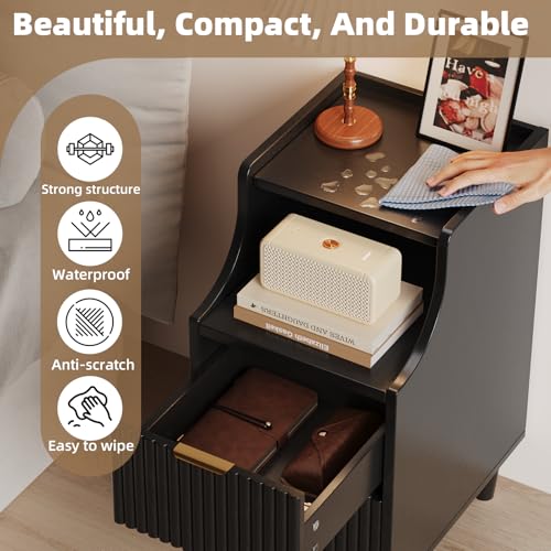 Fluted Nightstands Set of 2,Narrow Bedside Table with 2 Drawers & Storage, Farmhouse Walnut End Table Modern Side Table for Bedroom Livingroom Sofa Office, Small Space - color: Black,11.8" With 2 Drawers