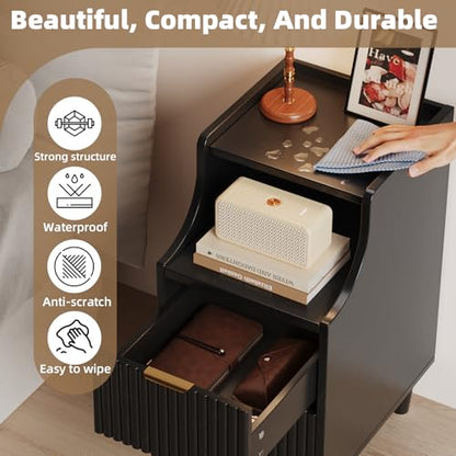 Fluted Nightstands Set of 2,Narrow Bedside Table with 2 Drawers & Storage, Farmhouse Walnut End Table Modern Side Table for Bedroom Livingroom Sofa Office, Small Space - color: Black,11.8" With 2 Drawers
