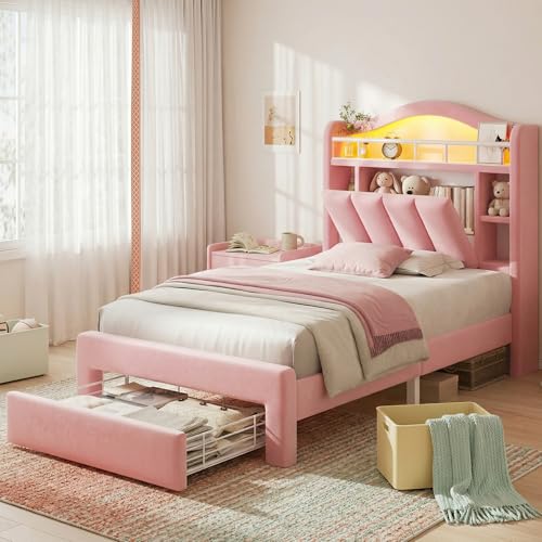 Pink Twin Size LED Bed Frame with Storage Headboard, Upholstered Velvet Princess Bed for Girls with 5 Charging Ports (USB-C & AC), Hidden Privacy Compartment, Sturdy Aluminum Frame & 1 Silent Drawers - color: Pink, size: Twin