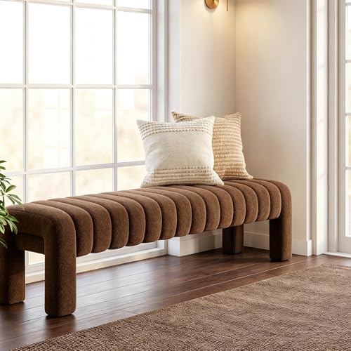 63" Bedroom Bench, Upholstered Entryway Bench, Modern End of Bed Ottoman with Solid Wood Legs and Adjustable Foot Pegs for Entryway, Dining Room and Living Room (Rust Brown Boucle) - color: Rust Brown Boucle, size: 63"