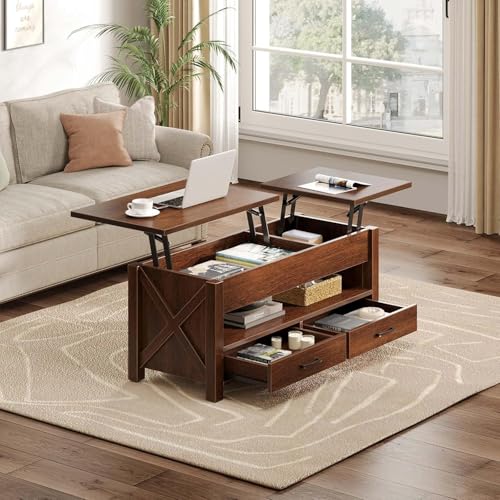Multifunctional Lift Top Coffee Table, Convertible Wooden Coffee Table with 2 Drawers & Hidden Compartment, Storage Center Table for Living Room Home Office,Walnut Brown - color: Walnut Brown - 47.2 Inch
