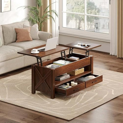 Multifunctional Lift Top Coffee Table, Convertible Wooden Coffee Table with 2 Drawers & Hidden Compartment, Storage Center Table for Living Room Home Office,Walnut Brown - color: Walnut Brown - 47.2 Inch