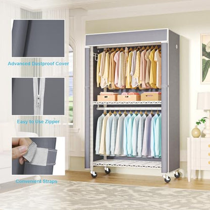White Clothing Rack with Grey Cover, P1C Rolling Closets | Metal Garment Rack for Hanging Clothes, Clothing Storage Wardrobe, with Wheels - color: White Rack With Grey Cover
