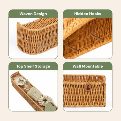 Rattan Coat Rack Wall Mount with Shelf, Hidden Hooks | 5 Hidden Hooks for Coats, Bags & Towels, Japandi Scandinavian Style
