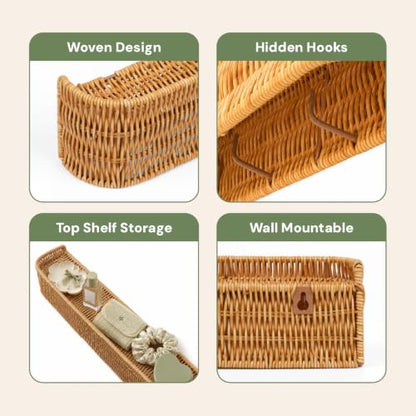 Rattan Coat Rack Wall Mount with Shelf, Hidden Hooks | 5 Hidden Hooks for Coats, Bags & Towels, Japandi Scandinavian Style