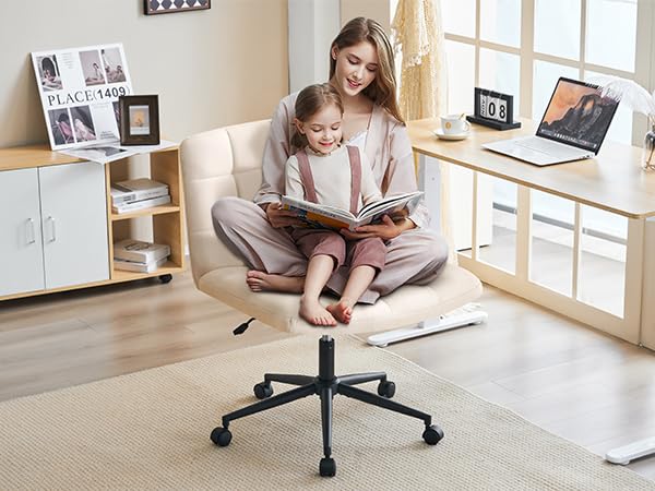 Furnimart Swivel Criss Cross Legged Chair with Wheels for Home Office, Wide Armless Desk Chair Height Adjustable Comfy Seat for Desk,Vanity, Bedroom, Beige - color: Linen-beige