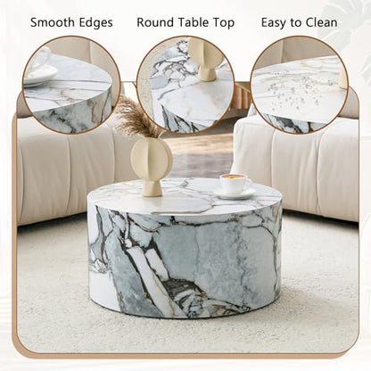 Round Coffee Table, 23.6" Modern Faux Marble Drum Coffee Table, Round Accent Center Table for Living Room Apartment Small Spaces, No Assembly Required - color: 24'' Rock White, size: 24'' Round Coffee Table