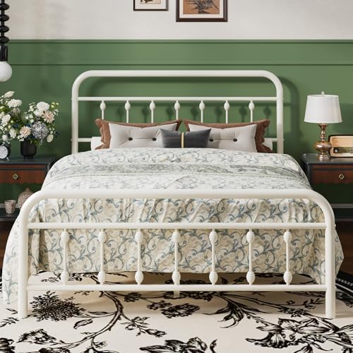 SHA CERLIN Full Metal Bed Frame with Victorian Iron-Art Headboard, Cream | Victorian Iron-Art Headboard and Footboard, Easy Assembly, Under Bed Storage, No Box Spring Required - color: White, size: Full