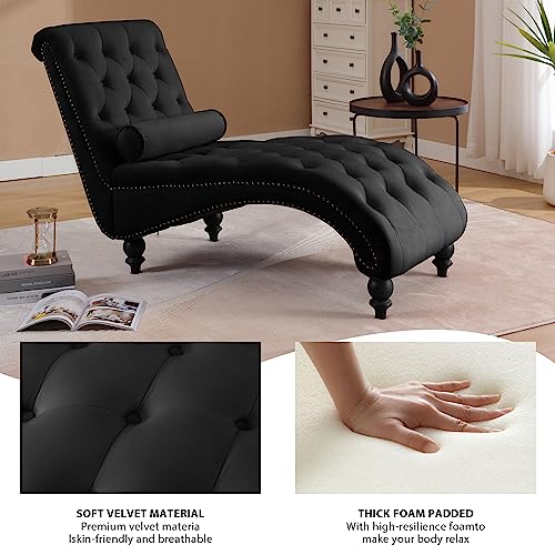 Button-Tufted Chaise Lounge Indoor, Velvet Chaise Lounge Chair with Legs & Toss Pillow, Armless Rolled Backrest Leisure Sofa Recliner for Living Room Bedroom (Black) - color: Black Velvet