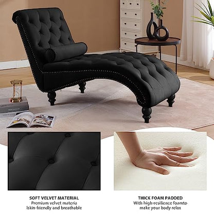Button-Tufted Chaise Lounge Indoor, Velvet Chaise Lounge Chair with Legs & Toss Pillow, Armless Rolled Backrest Leisure Sofa Recliner for Living Room Bedroom (Black) - color: Black Velvet