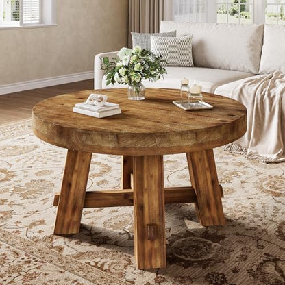 31.5-Inch Round Coffee Table, Solid Wood Center Table with Thickened Tabletop for Living Room, Apartment, Small Space (Rustic Brown) - color: Rustic Brown