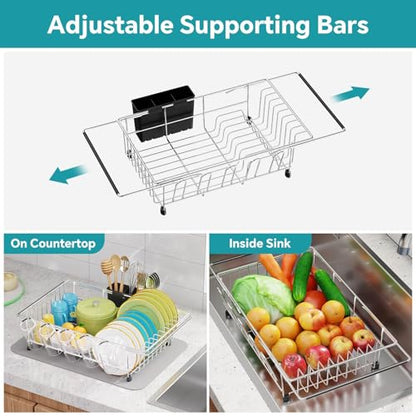 Simple Trending Dish Drying Rack in Sink with Utensil & Cup Holder | Expandable Dish Rack Over The Sink, Stainless Steel Dish Drainer for Small Kitchen, Space Saving, Non-Slip Feet, Fast Drain - size: Stainless Steel