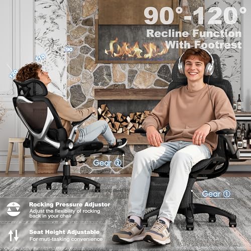 X100 Ergonomic Mesh Office Chair with Footrest, Big and Tall Hone Desk Chair with 5D Flip-Up Arms, Adjustable 3D Lumbar Support,Gaming & Executive Computer Chairs - color: Midnight Mist