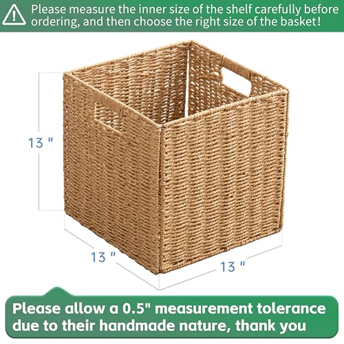 13x13x13 Storage Cube Bins Set of 4, Paper Rope Hand Woven Storage Basket with Handles, Collapsible Square Storage Cubes for Shelves, Wicker Shelf Baskets for Living Room Bedroom Organizing, Natural - size: 13" x 13" x 13" (4 Pack)