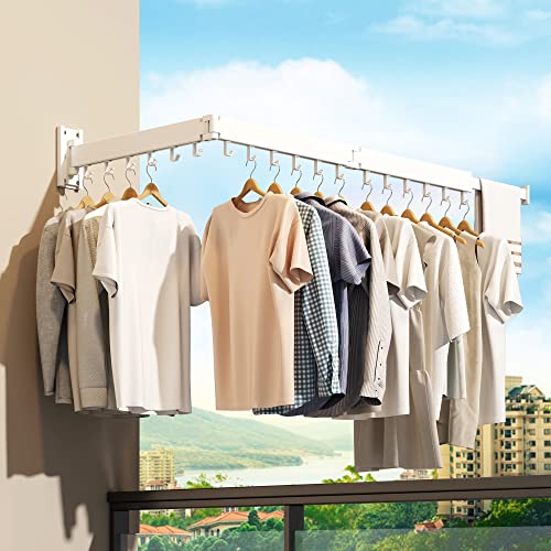 Clothes Drying Rack,Laundry Drying rack,Wall Mounted Clothes Rack,Clothes Hanging Rack,Laundry Rack Wall Mount,Folding Retractable Collapsible Drying Rack Clothing (Three-Poles,J Hooks,White) - size: White/J-Shape Hooks