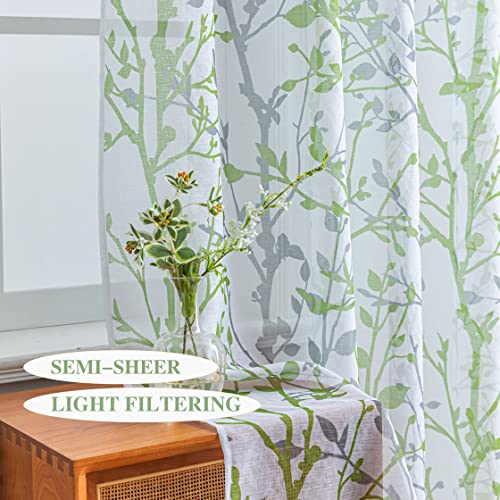Luvyohmee White Green Curtains 72 Inch Length 2 Panels Set, Semi Sheer Window Curtain Drapes for Living Room/Bedroom, Green Nature Tree Branches Patterned Linen Textured Curtains, Grommet Top W52XL72 - color: Sage Green, size: 52"W x 72"L (Pack of 2)