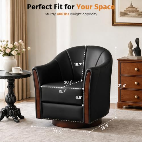 360° Swivel Accent Chair, Faux Leather Swivel Barrel Chairs | Nailhead Trim & Wood Base, Round Armchair Club Chair, Modern Reading Chairs for Living Room (BX01, Wood Black) - color: Wood Black