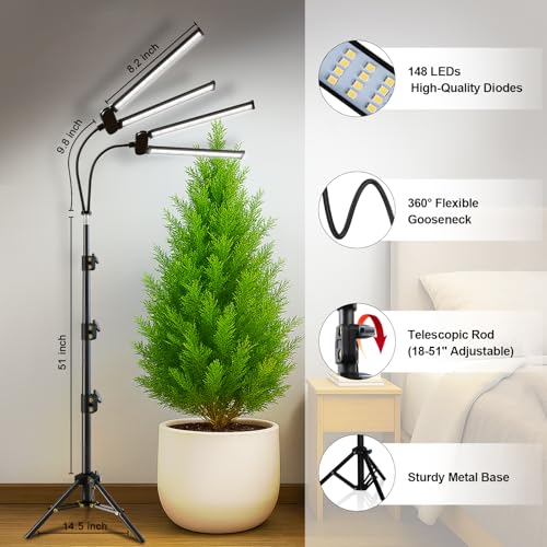 Grow Light for Indoor Plants Growing,Floor Lamp Free Standing | 6000K Full Spectrum LED Light for Plants Growth,Light Strip Foldable & Height Extendable 15-62'', Timer 4 8 12Hrs