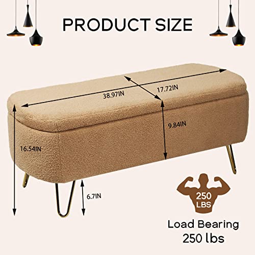 Modern Storage Ottoman Bench, Vintage Boucle Upholstered Entryway Bench, End of Bed Bench with Gold Legs, Padded Bench with Storage for Living Room, Bedroom, Entryway (Camel) - color: Camel