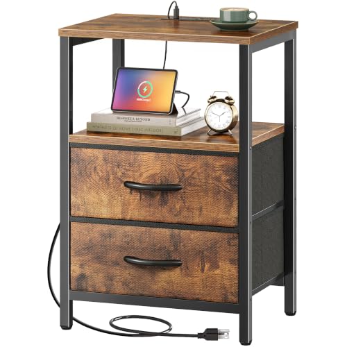 Huuger Nightstand with Charging Station, Side Table with Fabric Drawers | End Table with Open Shelf, Bedside Table with USB Ports and Outlets, Night Stand for Bedroom, Bed Side Table, Rustic Brown - color: Rustic Brown, size: 11.8"d X 15.7"w X 23.6"h (2 D
