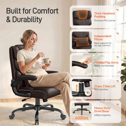Office Chair, Executive Mid-Back Computer Desk Chair with Flip-up Armrests | 300 Lbs Ergonomic Leather Swivel PC Chair with Rock Function for Working Studying (Coffee) - color: Coffee