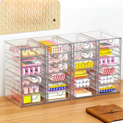 YFXCVSL 6-Pack Acrylic 31-Drawer Storage & Makeup Organizer for Desk | Smooth-glide drawers, clear acrylic, stackable, dustproof, wipe-clean, for makeup palettes, lipsticks, blushes, cotton pads - size: 31 Drawers