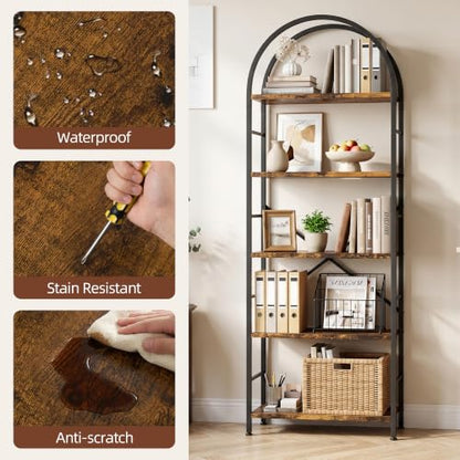 Arched Bookshelf 5 Tier Tall Bookcase, Industrial Metal Frame Book Shelf with X Reinforced Structure, Adjustable Feet Storage Display Shelf for Living Room Bedroom Office Rustic Brown