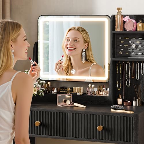 Fluted Makeup Vanity Desk with Mirror and Lights | Small Vanity with 3 Lighting Modes Adjustable Brightness, Jewelry Storage Cabinet and 2 Drawers, Black - color: Black