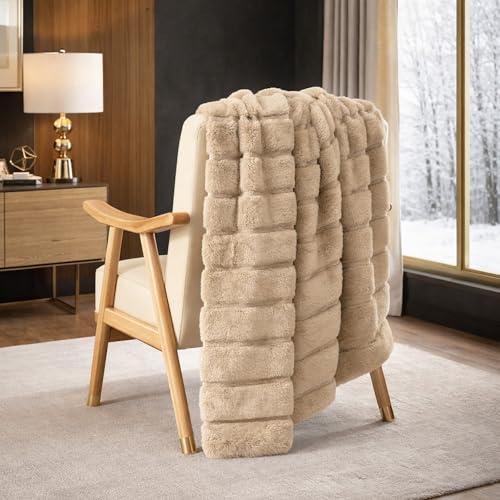 Cozy Bliss Deluxe Sheared Rabbit Faux Fur Throw Blanket, Soft Fuzzy High-Low Sculpted Plush Blanket for Couch, Cozy Home Accent, All Season Use, Khaki 50"x60" - color: Khaki, size: Throw(50" x 60")