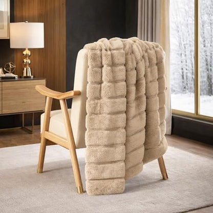 Cozy Bliss Deluxe Sheared Rabbit Faux Fur Throw Blanket, Soft Fuzzy High-Low Sculpted Plush Blanket for Couch, Cozy Home Accent, All Season Use, Khaki 50"x60" - color: Khaki, size: Throw(50" x 60")