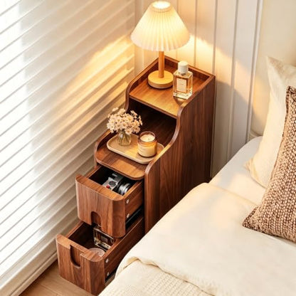 FurSch Narrow Nightstand, Wooden 2 Drawer, Walnut, Set of 2 | Slim Side End Table, Skinny Bedside Table, Mid Century Modern, With Drawers for Bedroom - color: Walnut 3-2 Pcs