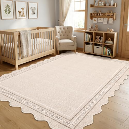 GarveeHome Scalloped 3x5 Washable Rug for Entryway Non-Slip Low Pile, Beige | Super Soft Entryway Rug, Printed Faux Wool Boho 3x5 Area Rug Thin Floor Carpet for Kitchen, Bedroom, Office, Living Room - color: Beige, size: 3' x 5' (Rectangular)