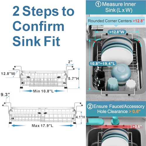 Dish Drying Rack Over the Sink - Expandable Stainless Steel Drainer | Twist-Lock Adjustment, Removable Utensil Holder, Handles with Non-Slip Beads, Rust-Resistant, Space-Saving for Kitchen - color: Silver, size: 12.8"W | Fits Inner Sink 10.8"-19.4"L