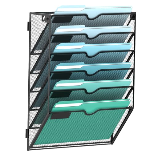 6-Tier Wall File Organizer, Hanging File Holder, Wall Mounted Mail Sorter | Metal Mesh Hanging File Organizer with Open Compartments and Label Panels for Papers and Folders at Home, Office or School - size: 6-Tier