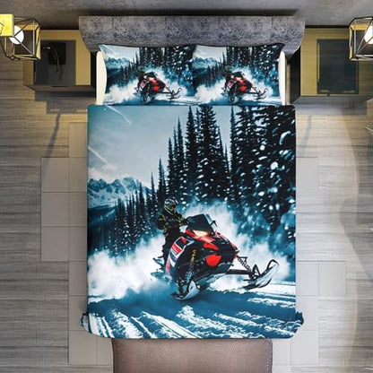 3 Piece Cool Snowmobile Bedding Set - Ultra Soft Fabric & Double-Sided Print, Breathable Comforter Set with 1 Quilt Cover & 2 Pillowcases for Home Hotel, 90"x90" - size: 90"x90"