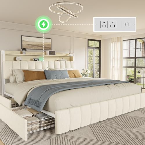 Bed Frame King Size with Upholstered Headboard & Charging Station, King Bed Frame with 4 Storage Drawers, 2-Tier Open Shelves, No Box Spring Needed, Slient Foam Strip, Easy Assembly, Beige - color: Beige, size: King