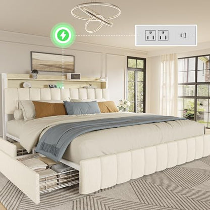 Bed Frame King Size with Upholstered Headboard & Charging Station, King Bed Frame with 4 Storage Drawers, 2-Tier Open Shelves, No Box Spring Needed, Slient Foam Strip, Easy Assembly, Beige - color: Beige, size: King
