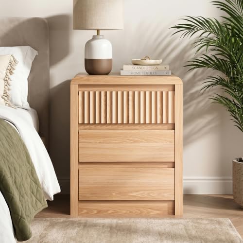 LYNSOM Fluted Nightstand Set of 2, Wood End Table with 3 Drawer, Oak | Mid Century Modern Night Stand with Stoarge, Bedside Table with Curved Profile Design for Living Room, Office, 20" W - color: Oak, size: 3 Drawers