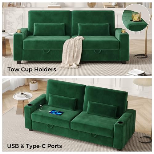 COPIAE Loveseat Sofa, Larger Couch Velvet Fabric with Storage, Charging Ports, Heightened Backrests, Removable Cover Modern Comfy Couches Easy Assembly for Living Room, 88 Inch Green - color: Green
