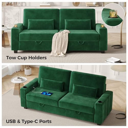 COPIAE Loveseat Sofa, Larger Couch Velvet Fabric with Storage, Charging Ports, Heightened Backrests, Removable Cover Modern Comfy Couches Easy Assembly for Living Room, 88 Inch Green - color: Green