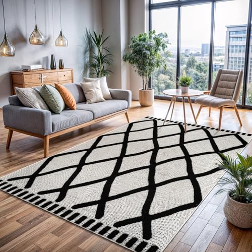 Modern Rug 4x6 Luxury Diamond Pattern Micro Loop Area Rugs Soft High-Low Pile Stain Resistant Easy to Clean Non-Shedding Durable Living Room Kitchen Indoor Carpet (Black/White) - color: Bold / Black, size: 4' x 6' (Rectangular)